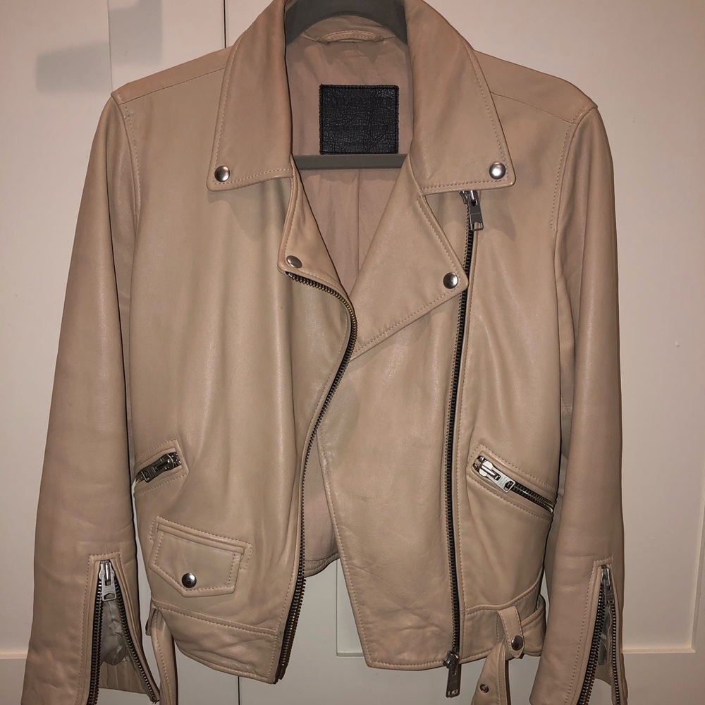 AllSaints Balford Leather Jacket, Size 10, Beige